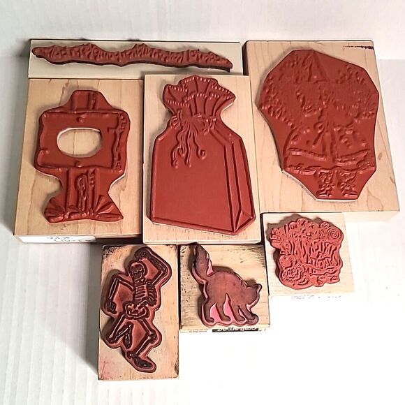 VTG Lot of 7 wooden Rubber Stamps Halloween Fall Witch Scrapbooking Stamping - Picture 8 of 8